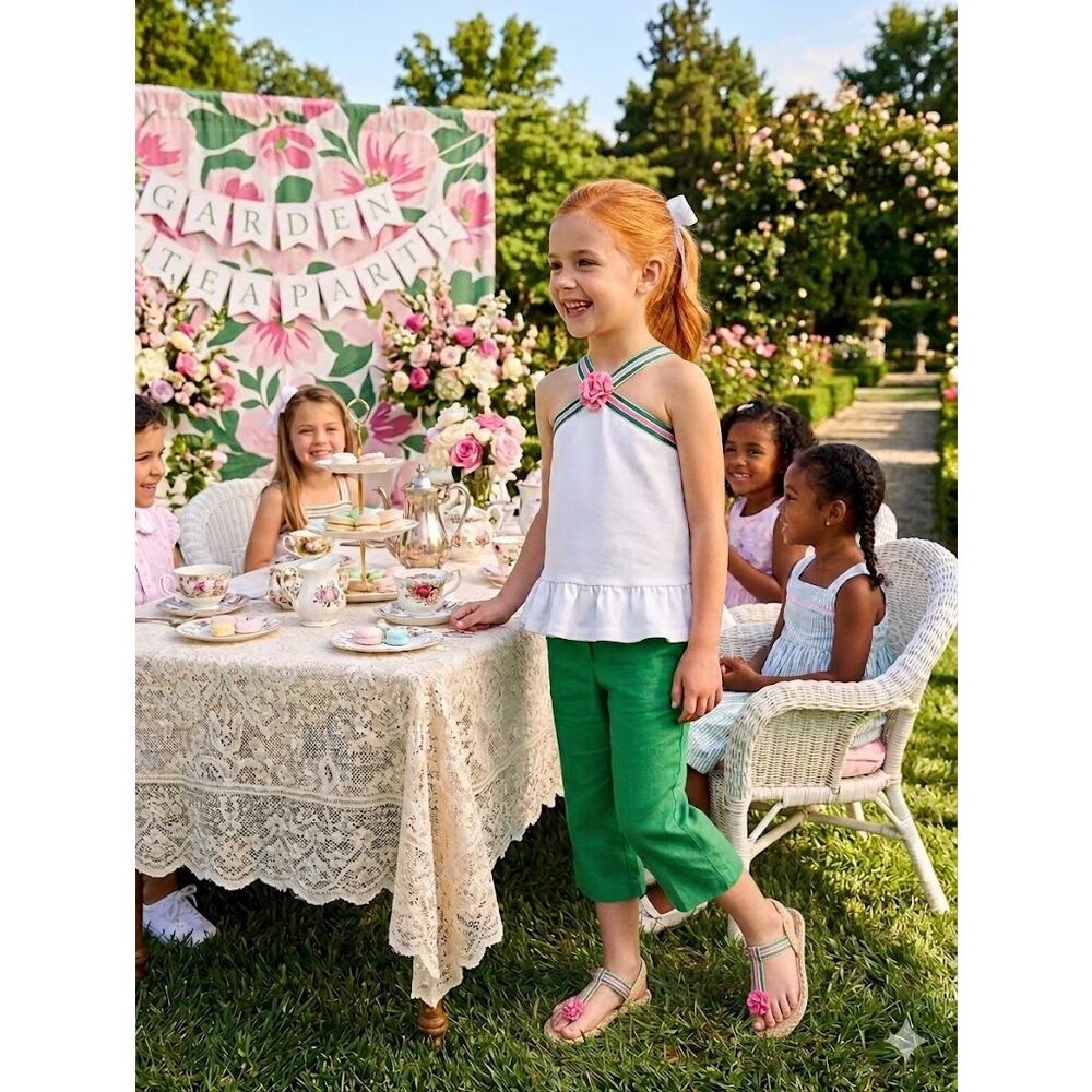 Janie & Jack Girls White Peplum Top Sz8 Preppy Coquette Pink Green Flower Halter